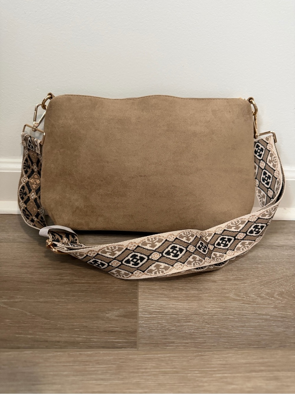 Suede Crossbody Bag with Patterned Strap - Taupe NWOT